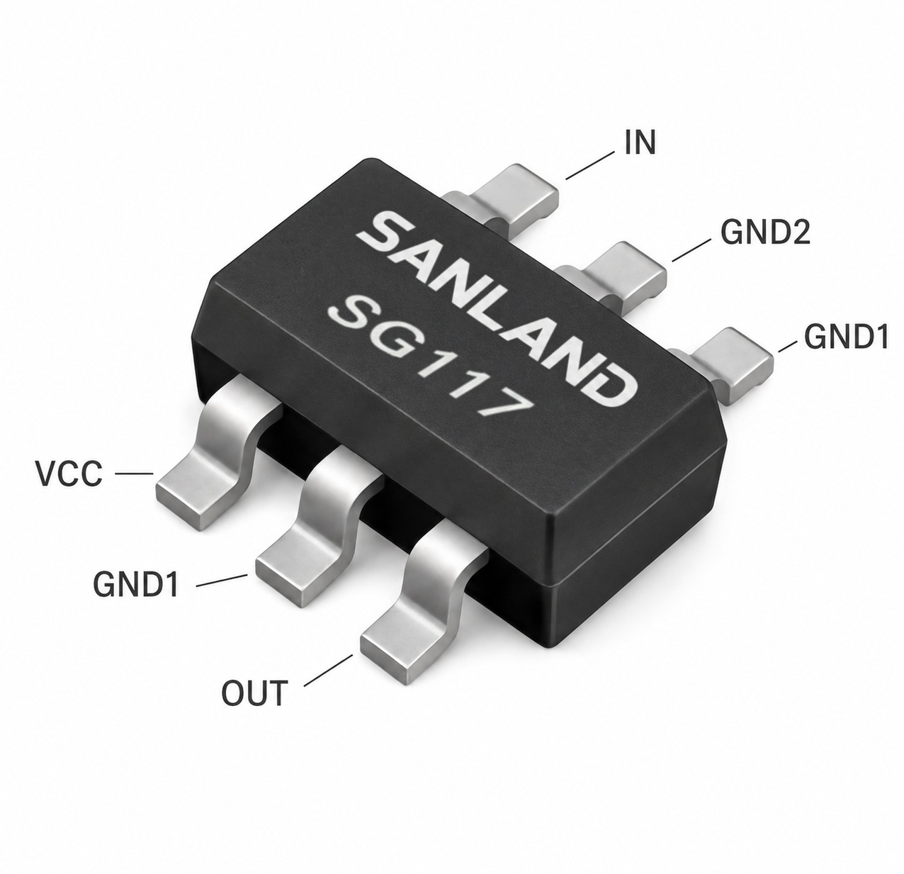 SG117 SOT-363 RF gain block amplifier pin assignment showing VCC, RF input, RF output/VCC and ground pins
