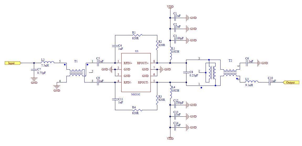 SG211 5&ndash;700 MHz balanced return path amplifier reference application circuit
